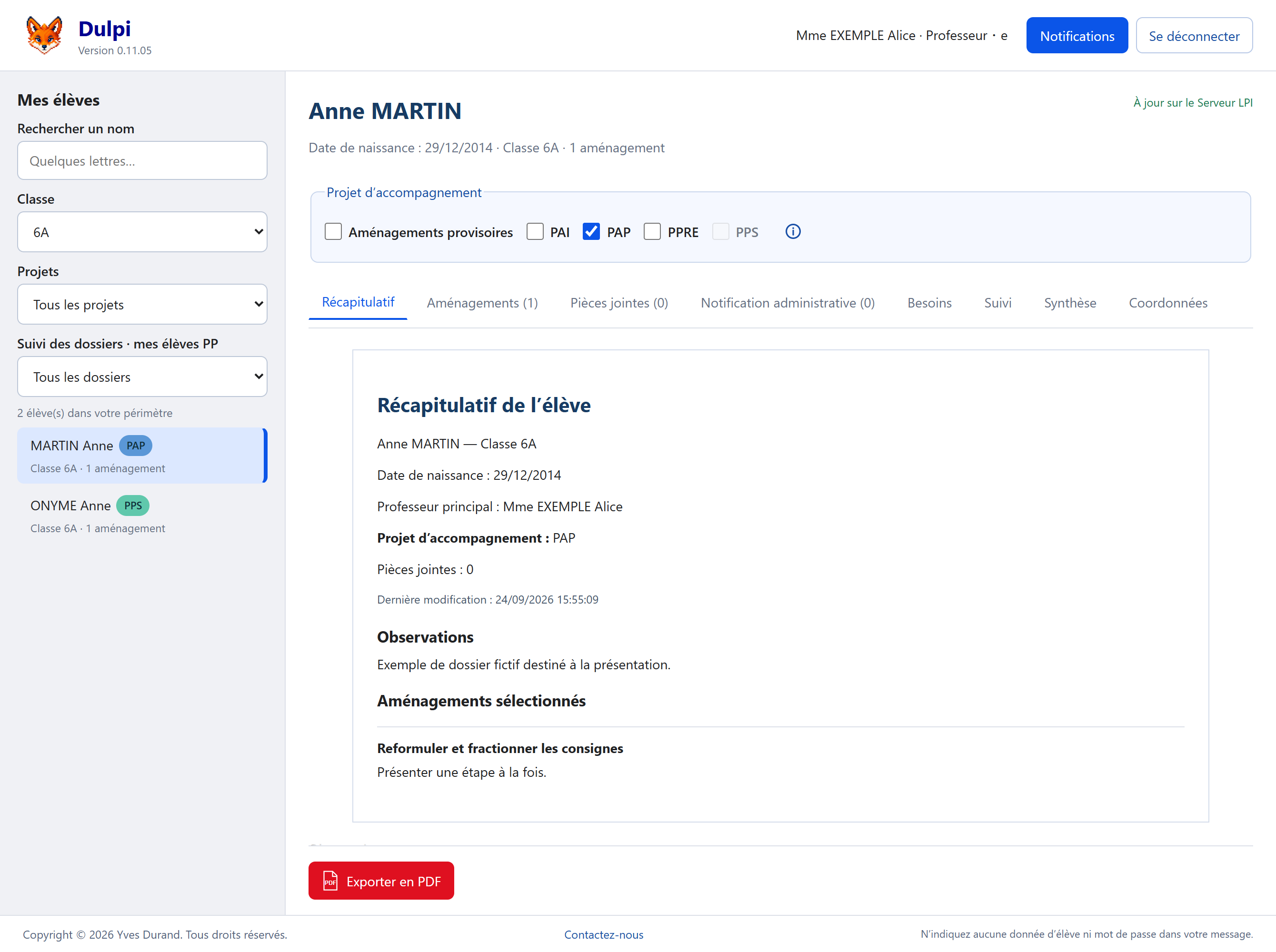 Dulpi web — fictional data