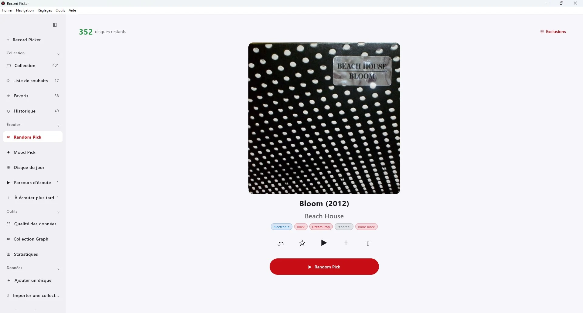 Record Picker 2.6 Random Pick screen on Windows 11, in French